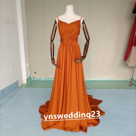 高品質 スレンダーパーティードレス テラコッタ色 トレーン キャミソール  バッククロス