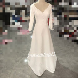 高品質！ウエディングドレス ホワイト 光沢サテン 短トレーン ミディアムドレス 憧れのドレス エレガン ト 1枚目の画像