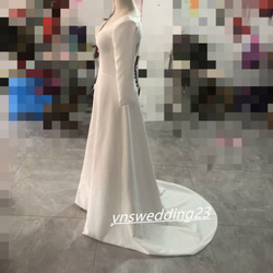 高品質！ウエディングドレス ホワイト 光沢サテン 短トレーン ミディアムドレス 憧れのドレス エレガン ト 4枚目の画像