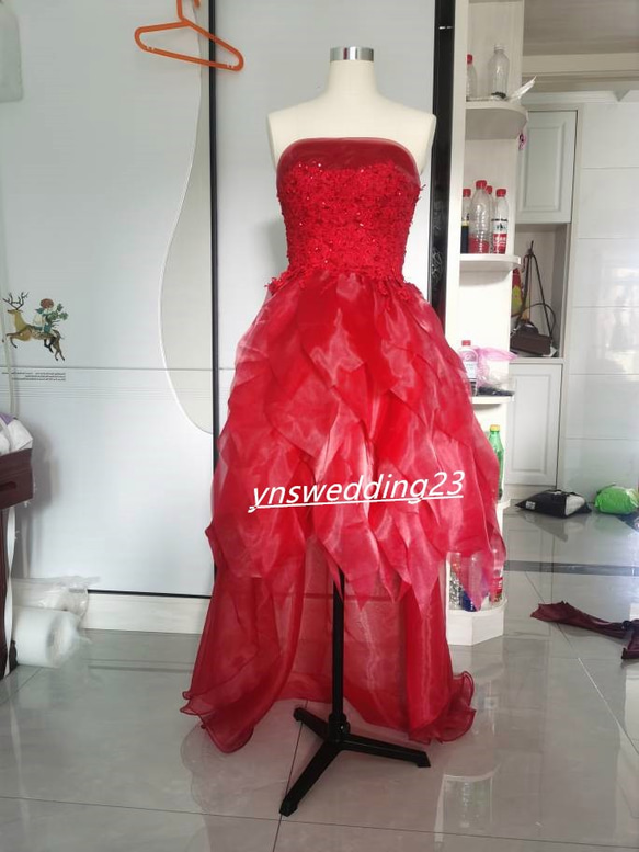 カラードレス ボルドー色 ソフトチュール ベアトップ フィッシュテール  