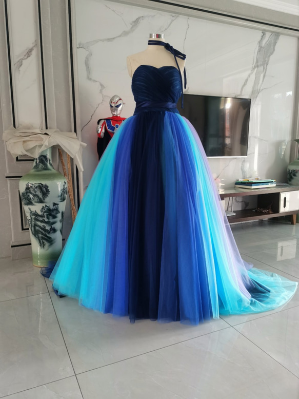 高品質！ 青/ブルー カラードレス ソフトチュール ベアトップ 発表会  