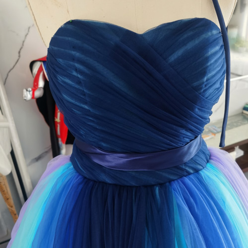 高品質！ 青/ブルー カラードレス ソフトチュール ベアトップ 発表会  