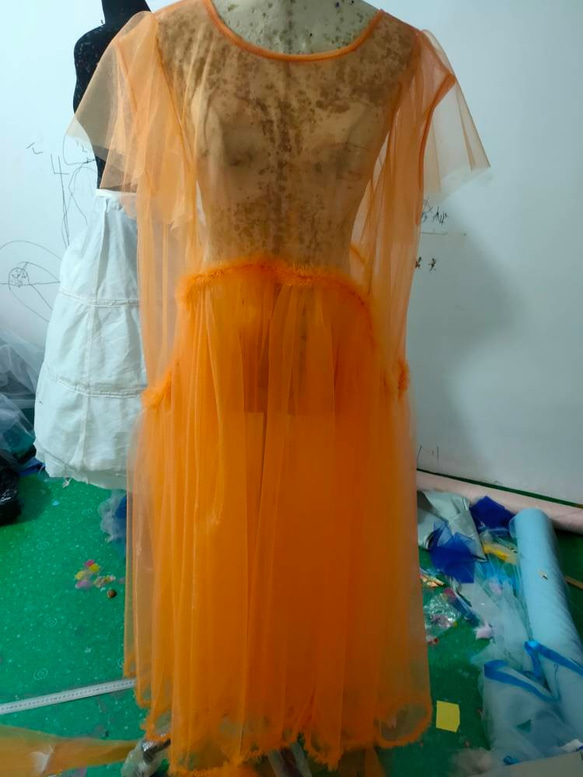高品質！ 妊婦ドレス マタニティ 写真撮影 オレンジ シースルー ワンピース ソフトチュール ドレス David1021k Dress 通販