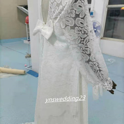 高品質！   ウエディングドレス   ホワイト  サテン   トレーン   シースルー袖  リボン 4枚目の画像