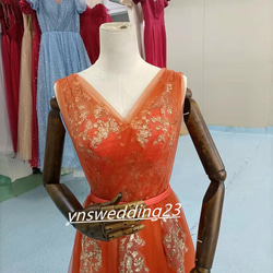 高品質！  カラードレス   テラコッタ色  3D立体レース刺繍   結婚式ドレス  2次会 前撮り 5枚目の画像