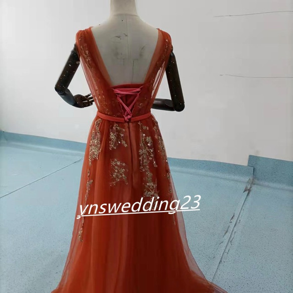 高品質！  カラードレス   テラコッタ色  3D立体レース刺繍   結婚式ドレス  2次会 前撮り 8枚目の画像