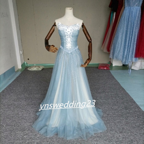 カラードレス 青/ブルー ソフトチュール ビジュー ベアトップ 華やか  