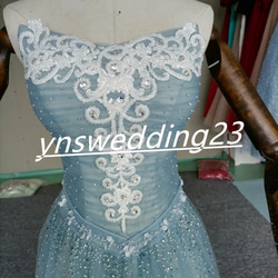 カラードレス 青/ブルー ソフトチュール ビジュー ベアトップ 華やか ロング イブニングドレス  ハンドメイド 4枚目の画像