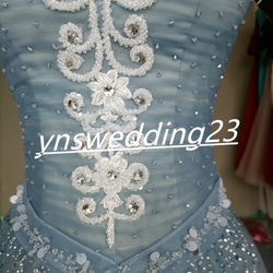 カラードレス 青/ブルー ソフトチュール ビジュー ベアトップ 華やか ロング イブニングドレス  ハンドメイド 5枚目の画像
