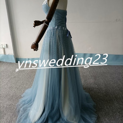 カラードレス 青/ブルー ソフトチュール ビジュー ベアトップ 華やか ロング イブニングドレス  ハンドメイド 6枚目の画像