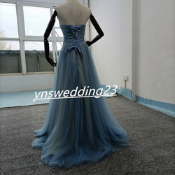 カラードレス 青/ブルー ソフトチュール ビジュー ベアトップ 華やか ロング イブニングドレス  ハンドメイド 7枚目の画像