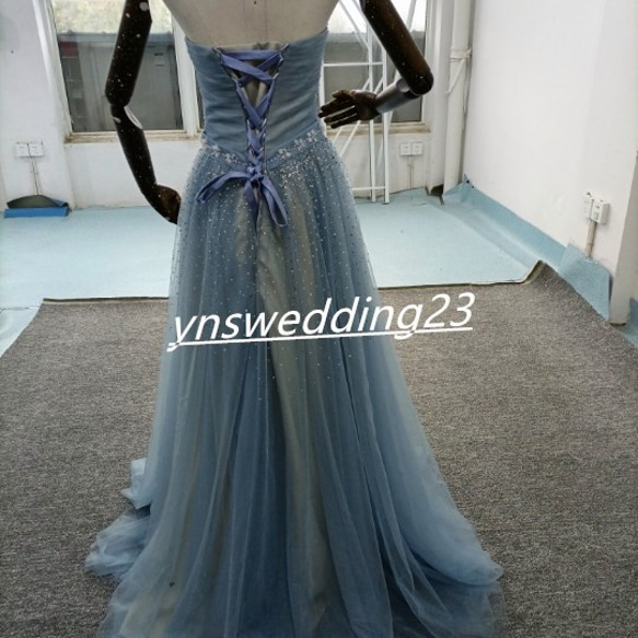 カラードレス 青/ブルー ソフトチュール ビジュー ベアトップ 華やか ロング イブニングドレス  ハンドメイド 8枚目の画像