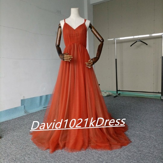 カラードレス テラコッタ色 ソフトチュール Vネック キャミソール バックレス パーティードレス