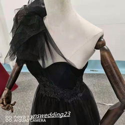 カラードレス 黒 ソフトチュール ベアトップ スリット トレーン 美品！ イブニングドレス 2枚目の画像