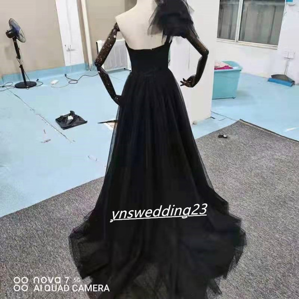 カラードレス 黒 ソフトチュール ベアトップ スリット トレーン 美品！ イブニングドレス 3枚目の画像
