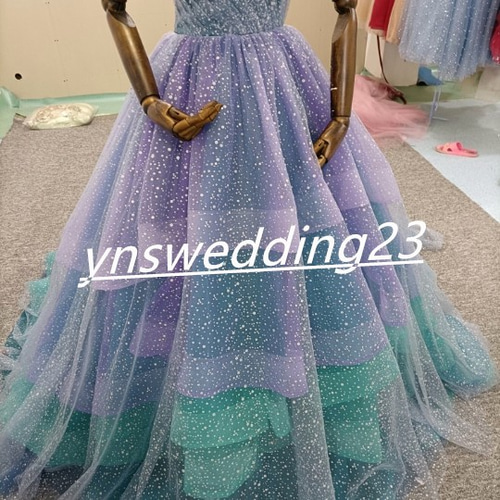 レインボードレス 素敵なカラードレス キラキラチュール ベアトップ  