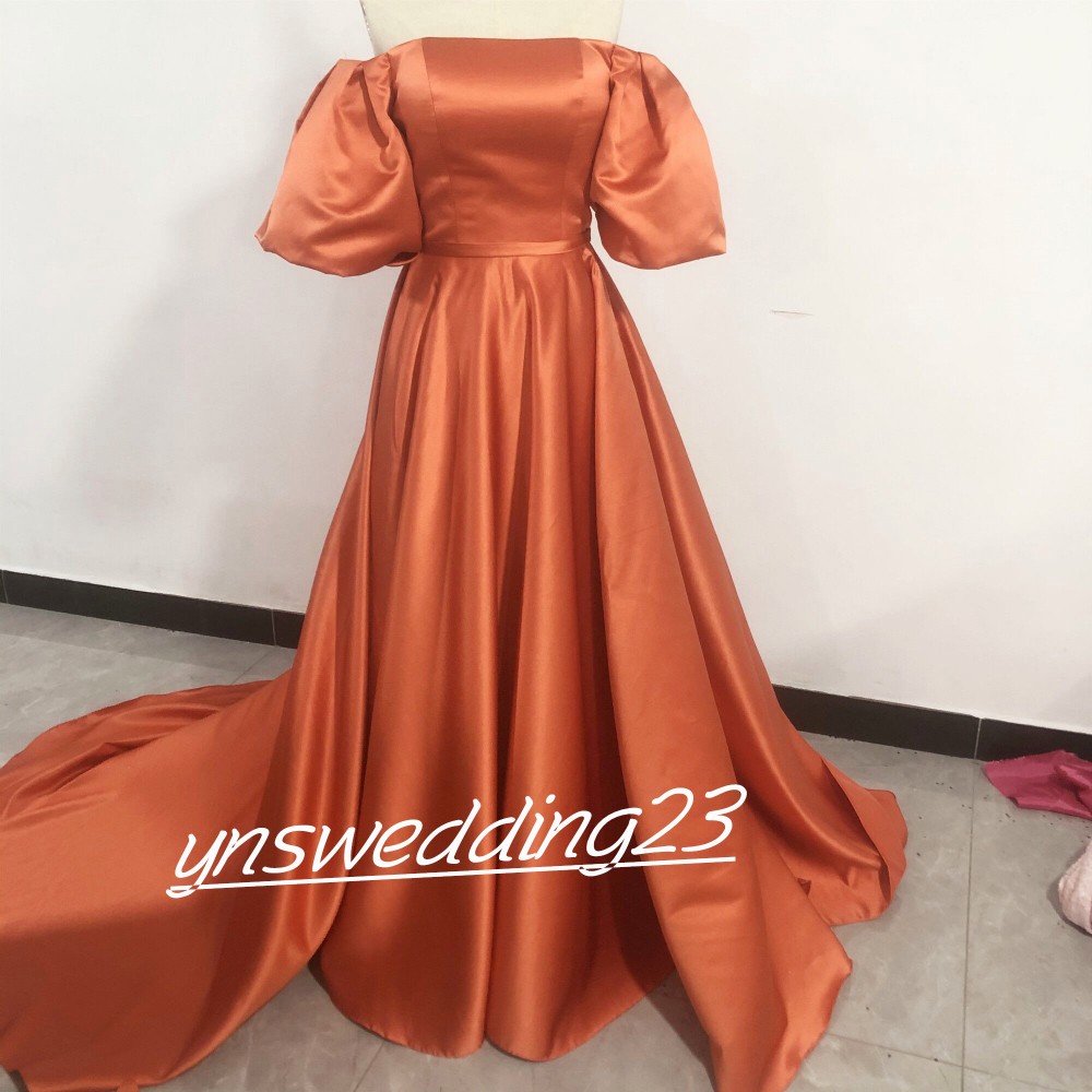 高品質！パーティードレス 前撮り結婚式 2次会 オレンジ ビスチェ　オフショルのパフスリーブ