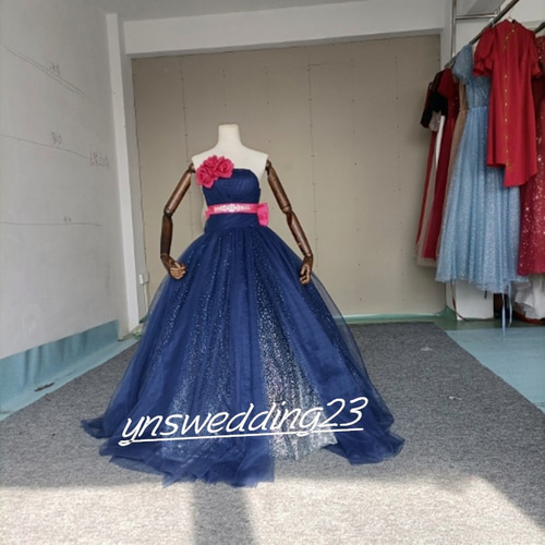 高品質！ カラードレス 紺/ネイビー キラキラチュール ベアトップ 結婚  