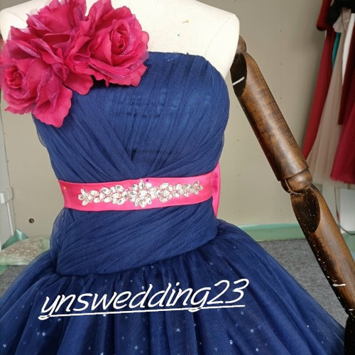 高品質！ カラードレス 紺/ネイビー キラキラチュール ベアトップ 結婚  