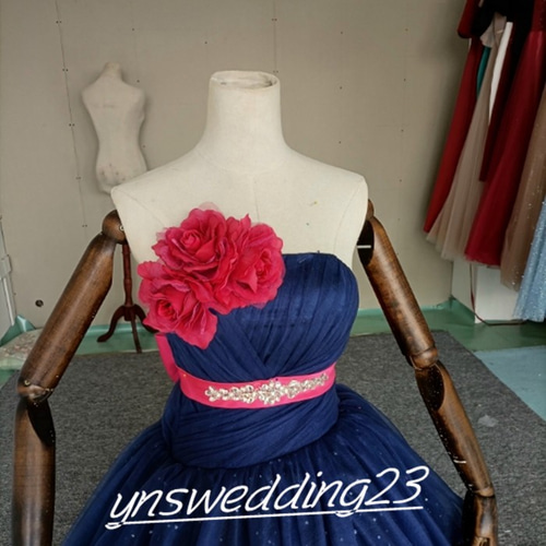 高品質！ カラードレス 紺/ネイビー キラキラチュール ベアトップ 結婚  