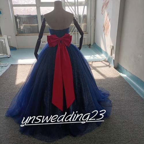 高品質！ カラードレス 紺/ネイビー キラキラチュール ベアトップ 結婚  