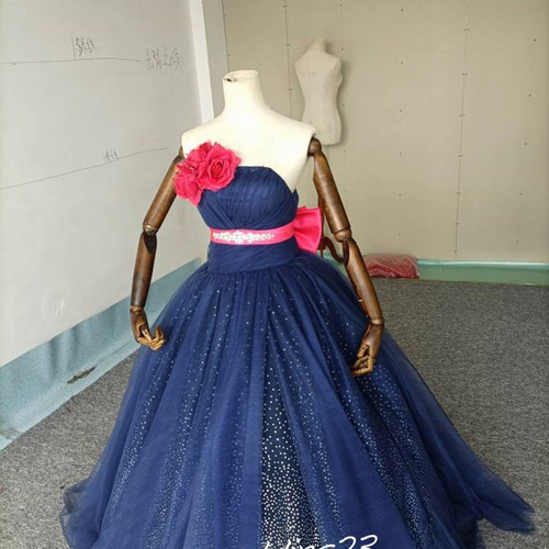 高品質！ カラードレス 紺/ネイビー キラキラチュール ベアトップ 結婚  