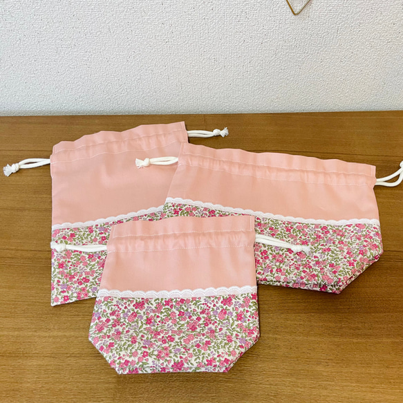 小花とレースの巾着セット　ピンク　入学　入園　3点セット　お弁当袋　コップ袋　巾着袋　給食袋　 2枚目の画像