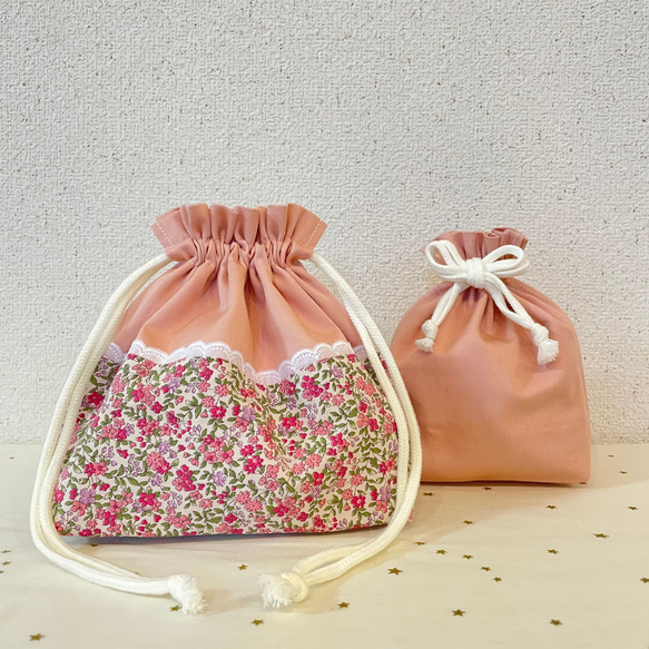 小花とレースの巾着セット　ピンク　入学　入園　3点セット　お弁当袋　コップ袋　巾着袋　給食袋　 5枚目の画像