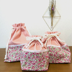 小花とレースの巾着セット　ピンク　入学　入園　3点セット　お弁当袋　コップ袋　巾着袋　給食袋　 8枚目の画像