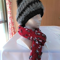 トルコ製毛糸マキシフラワーのマフラー(レッド) 8枚目の画像