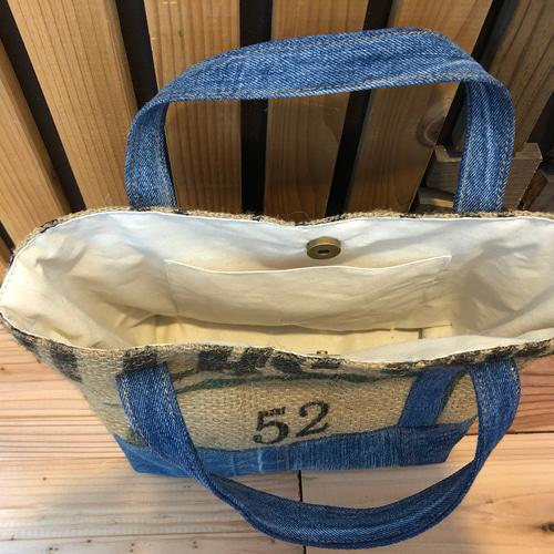 コーヒー豆の麻袋とデニムのリメイクトートバッグ☆Sサイズ トート  