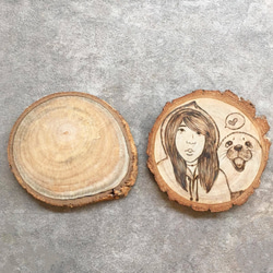 原木燒客製化燒刻烙畫樟木帶樹皮切片/寵物畫/人像畫/原木清新自然杯墊 第1張的照片