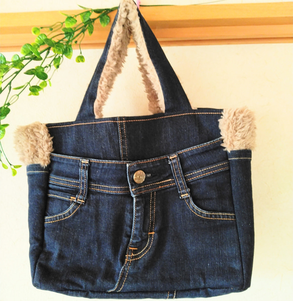 ハンドメイド_ denim×Whiteボア_3wayリメイクバッグ