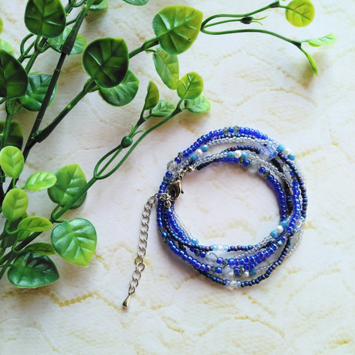 キラキラ☆ときめくビーズブレスレット【3連×2重】 ブルー