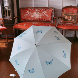 送料無料【晴雨兼用傘】手描き・幸せの蝶々ミントグリーン 1枚目の画像