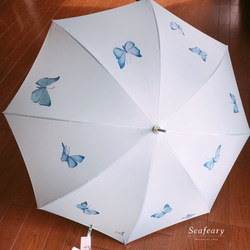 送料無料【晴雨兼用傘】手描き・幸せの蝶々ミントグリーン 2枚目の画像