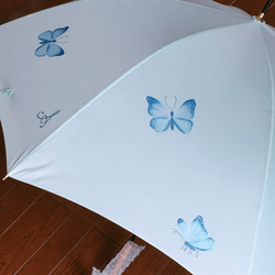 送料無料【晴雨兼用傘】手描き・幸せの蝶々ミントグリーン 4枚目の画像