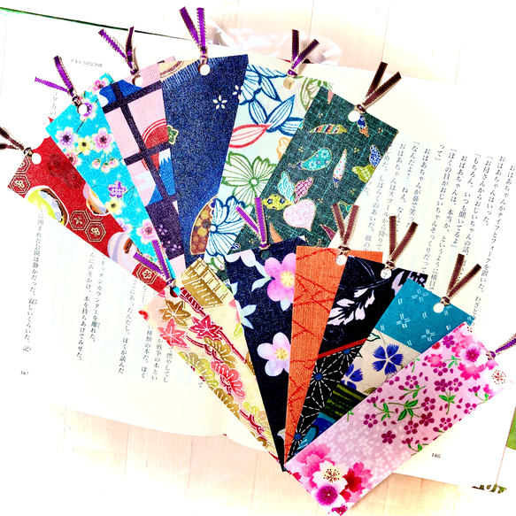 #151 手作り布製しおり  ブックマーク 綺麗な和柄12枚  花柄 1枚目の画像