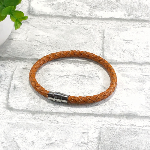 本革ヌメ 編み込みレザーブレスレット キャメル ブレスレット messhu