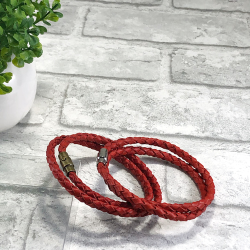 HERMES レッド レザー編み込みブレスレット レザーブレスレット 《グレナン》 ドゥブルトゥール - オレンジ