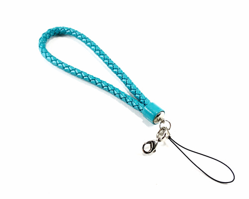 本革 6本丸編み携帯ストラップ ターコイズブルー 携帯ストラップ
