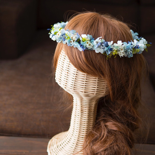 ブルーグリーンと小花の細み花冠 オーダー受付 ヘッドドレス  