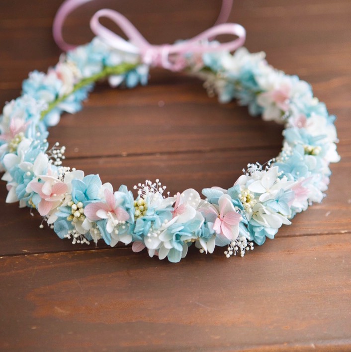 ベビーブルー紫陽花とシャビーピンクの花冠 オーダー受付