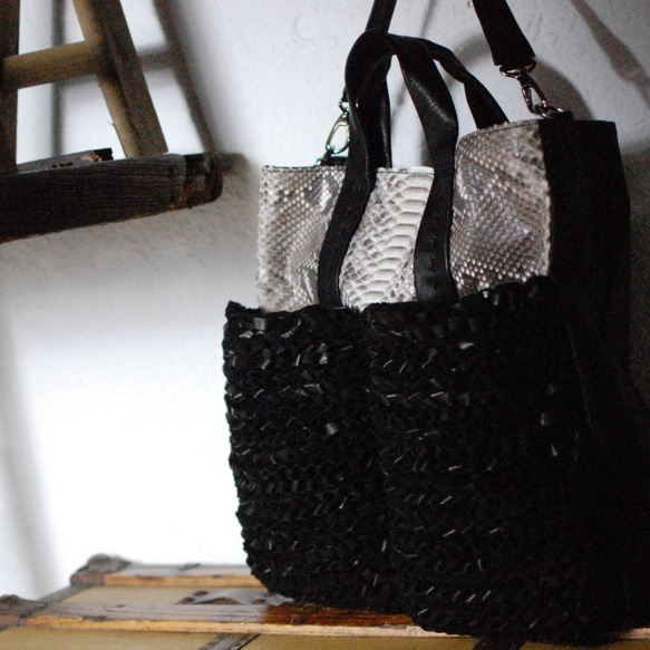 【受注制作】embrace（エンブレイス） 手編み　レザーニッティング 　ビッグトートBag 受注制作 Knitting