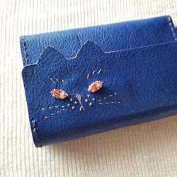 【springsale❀·°】ねこのお顔　カードポケット付き・キーケース ブルー猫 jewelry ver.　牛革 2枚目の画像