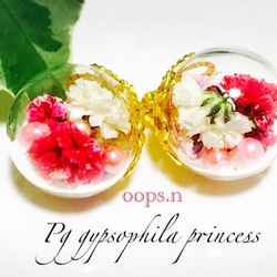 Pg gypsophila princess. かすみ草 パール ガラスドーム スタッドピアス 赤 ピンク 本物の花 1枚目の画像