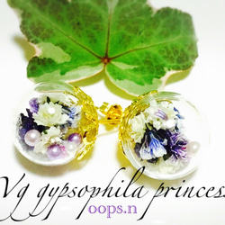 Vg gypsophila princessかすみ草とパールのガラスドームスタッドピアス 1枚目の画像