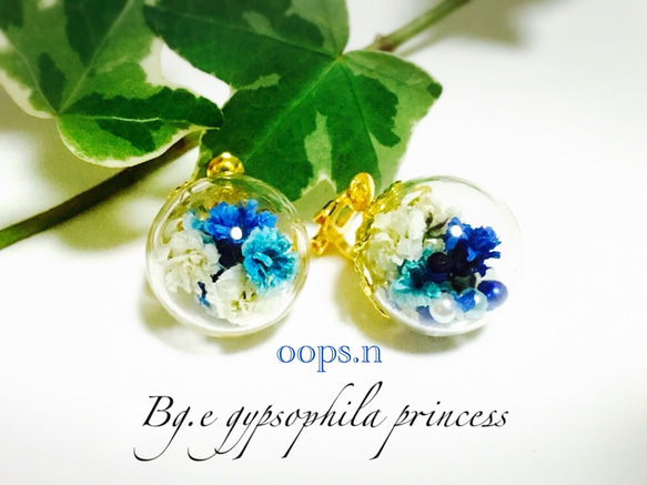 Bg.e gypsophila princess. かすみ草とパールのガラスドームバネ式イヤリング 1枚目の画像