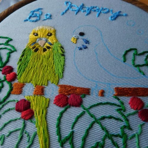 インテリア　刺繍 ペア・セキセイインコ刺繍 タペストリー・壁掛け HanaDaisy
