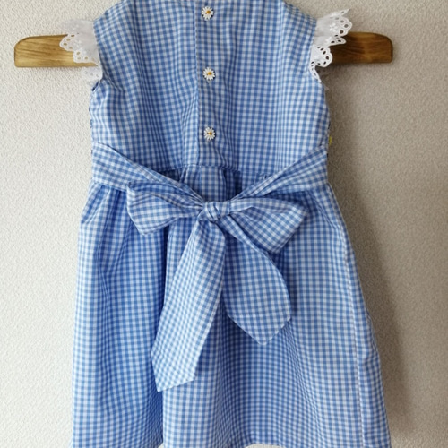 90】ブルーギンガムチェックのスモッキング刺繍ワンピース 子供